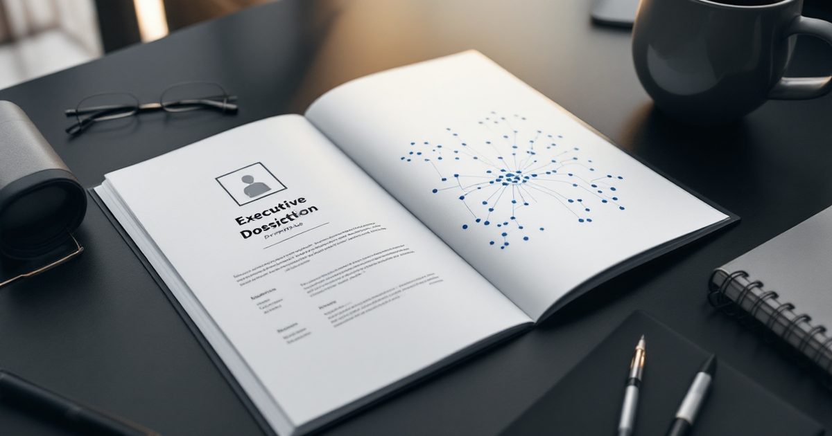 An open executive dossier on a desk — a company profile page beside a node-cloud diagram