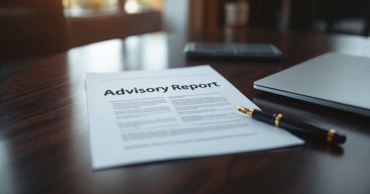 A printed advisory report on a dark wood desk with a fountain pen — a professional-services setting